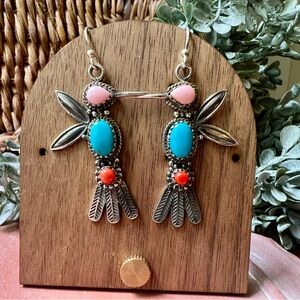 925 Sterling Silver Pink Conch Turquoise Coral Hummingbird Dangle Earrings